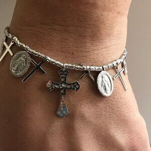 CROSS & MEDALLION CHARM LARIAT BRACELET / 925 STERLING SILVER / 9'' ADJUSTABLE